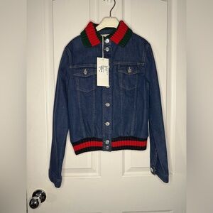 Denim Jacket with Striped Collar
